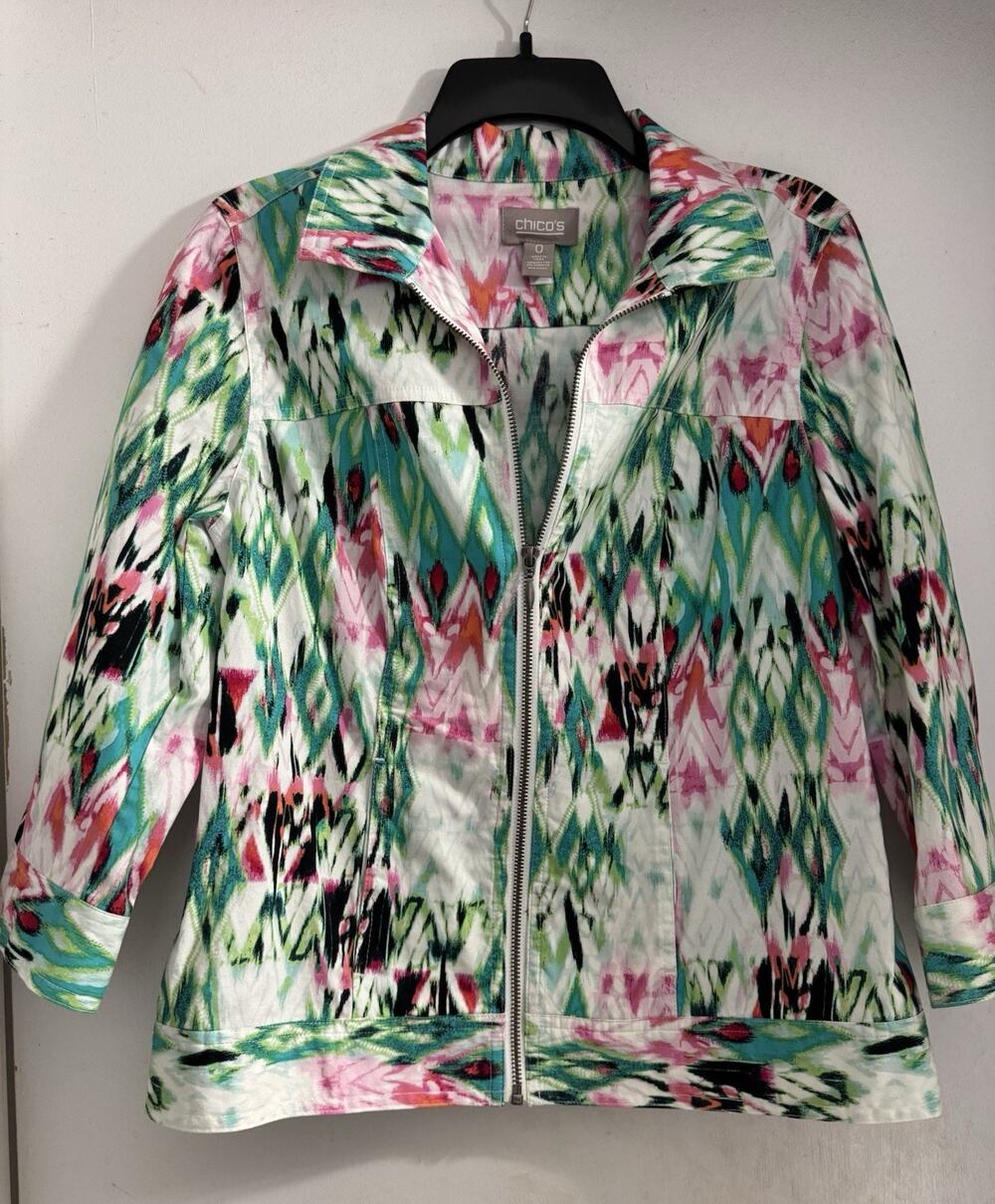 Women's Chico's Green Pink Print Full Zip Jacket Size 0 Small Lightweight